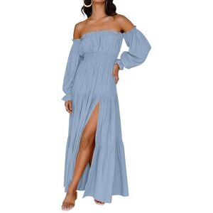 ZESICA Women's Boho Sexy Off Shoulder Long Sleeve Smocked High Waist Dress